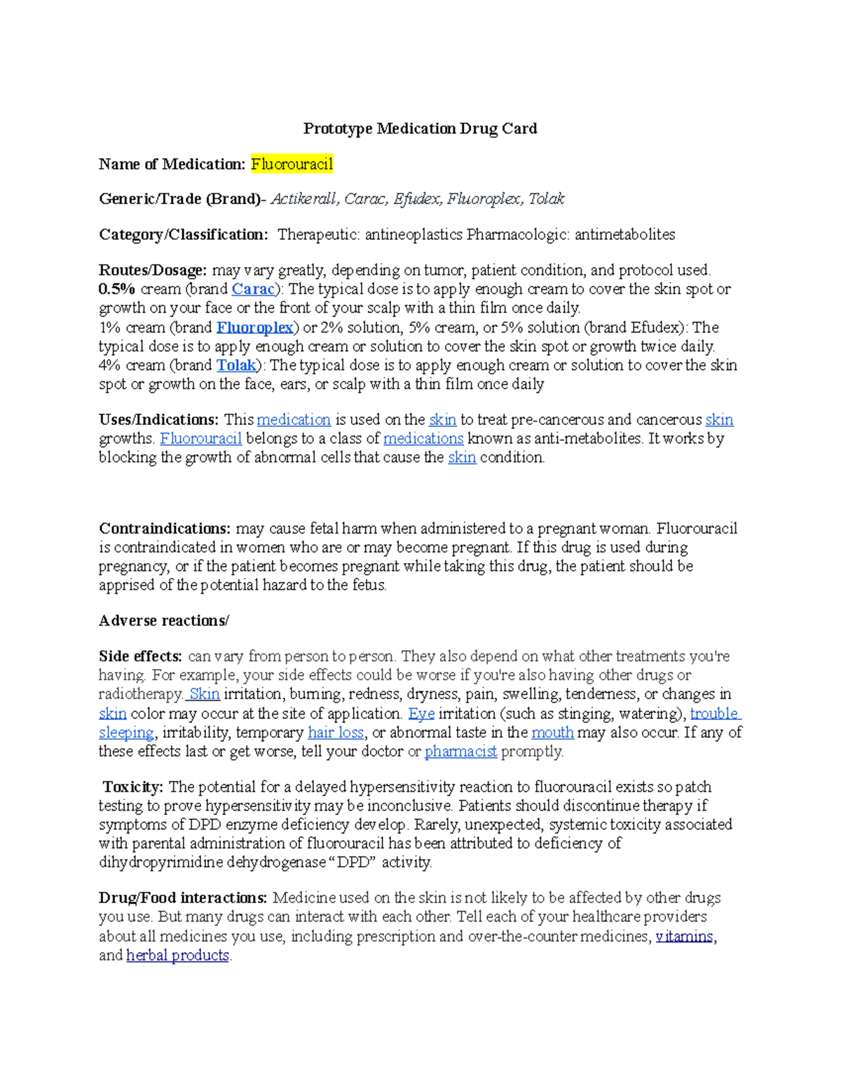 Chapter 14 Prototype Medication Card Prototype Medication Drug Card