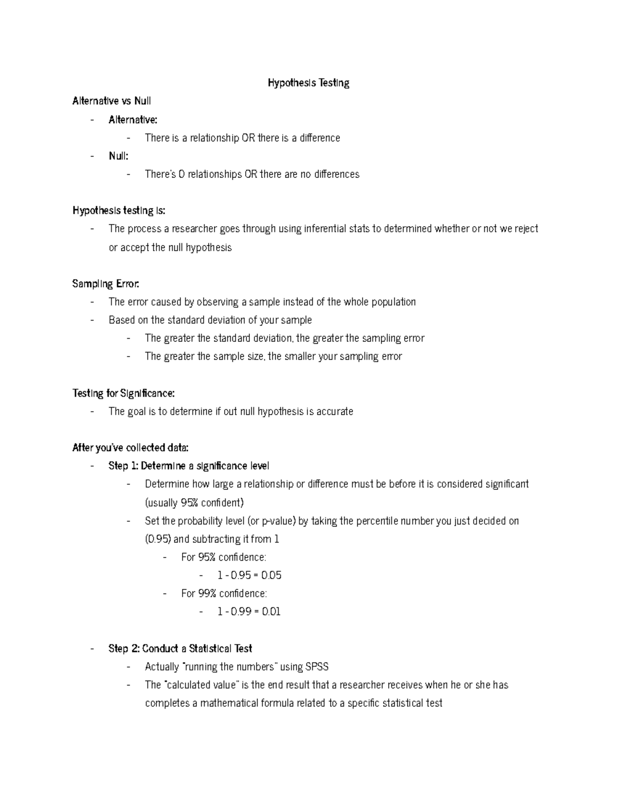 Exam #3 Notes - Hypothesis Testing Alternative vs Null Alternative ...