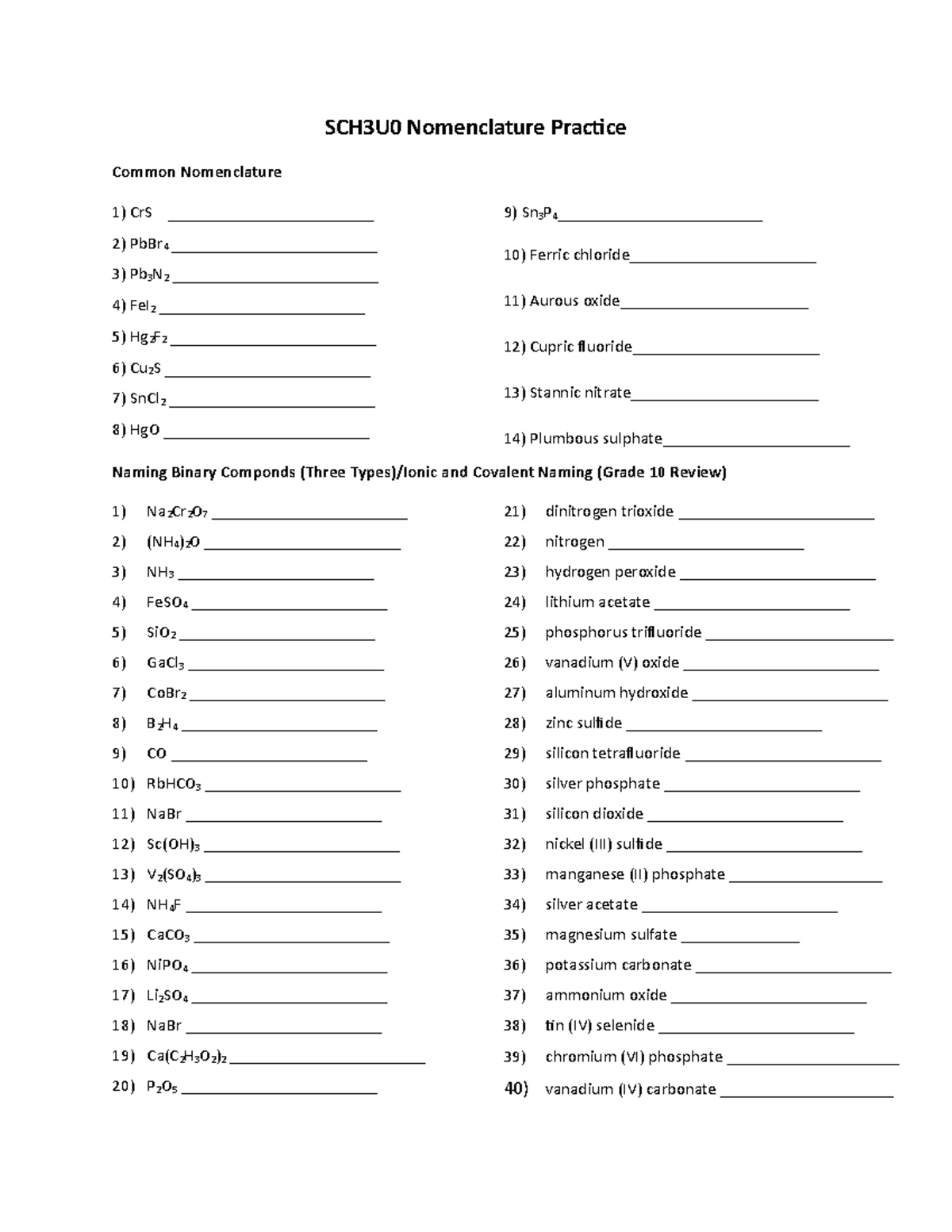 Nomenclature Practice - SCH3U0 Nomenclature Practice Common ...