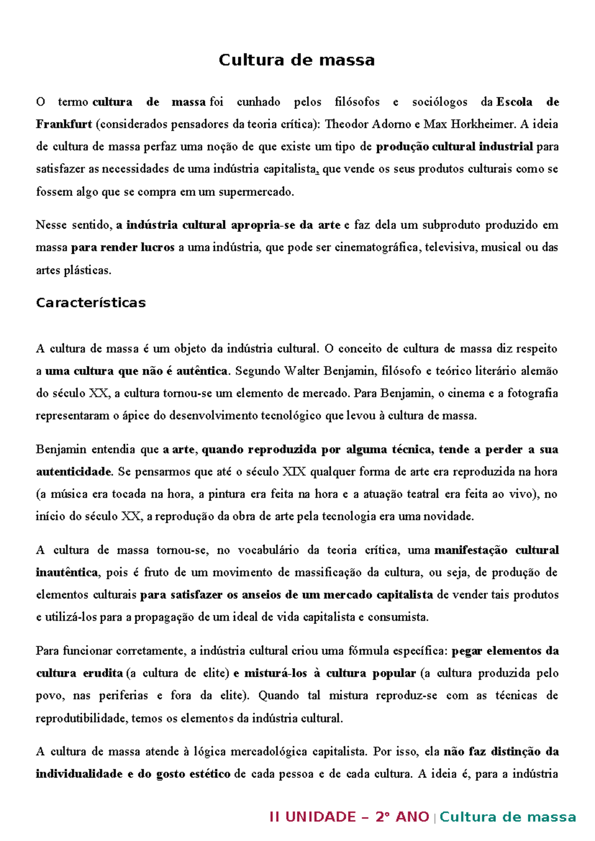 Cultura de massa - RESUMO - II UNIDADE – 2 º ANO | Cultura de massa ...