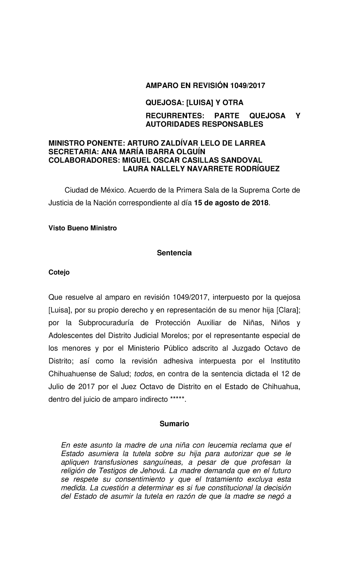 AR-1049-17 - DERECHO - QUEJOSA: [LUISA] Y OTRA RECURRENTES: PARTE ...