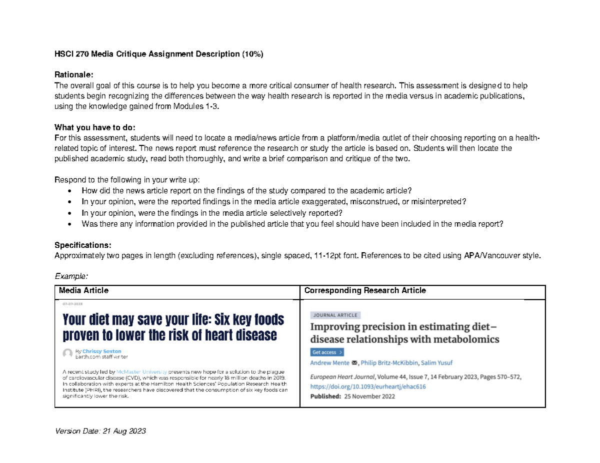 HSCI270 Media Critique Assign Description- F23 - Version Date: 21 Aug ...