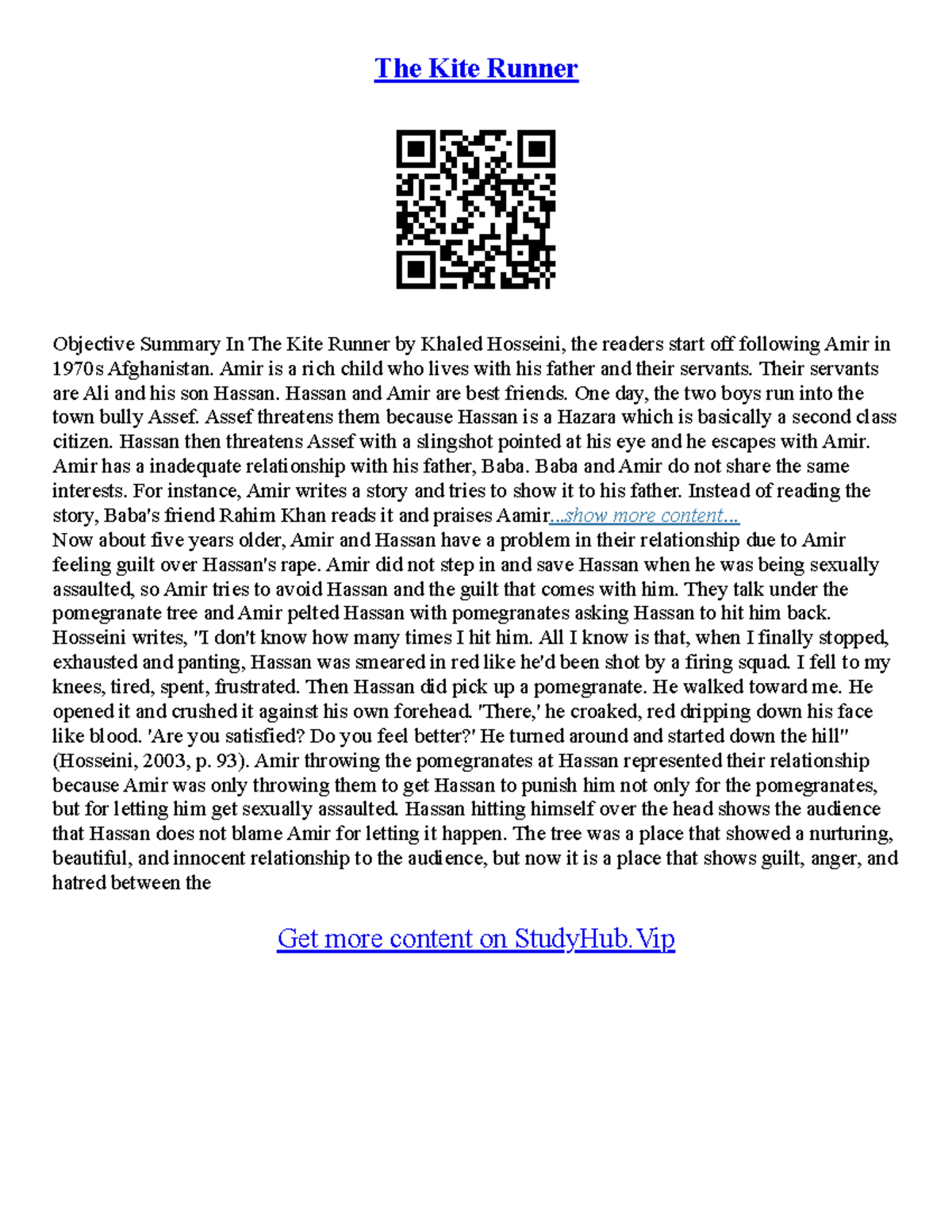 The Kite Runner Essays The Kite Runner Objective Summary In The Kite