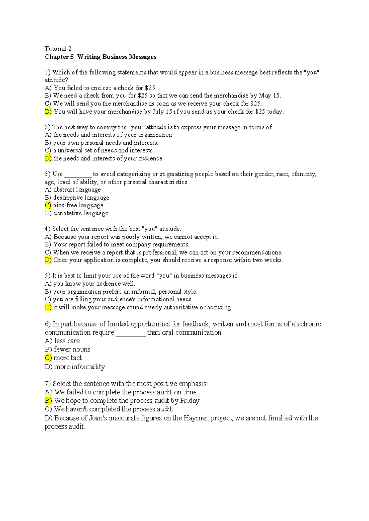 BC TUT2 - Tutorial 2 Chapter 5 Writing Business Messages 1) Which of ...