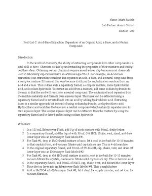 Post Lab 4 - Post Lab 4 Organic Chem 1 USF - Mark Ruckle Lab Partner ...