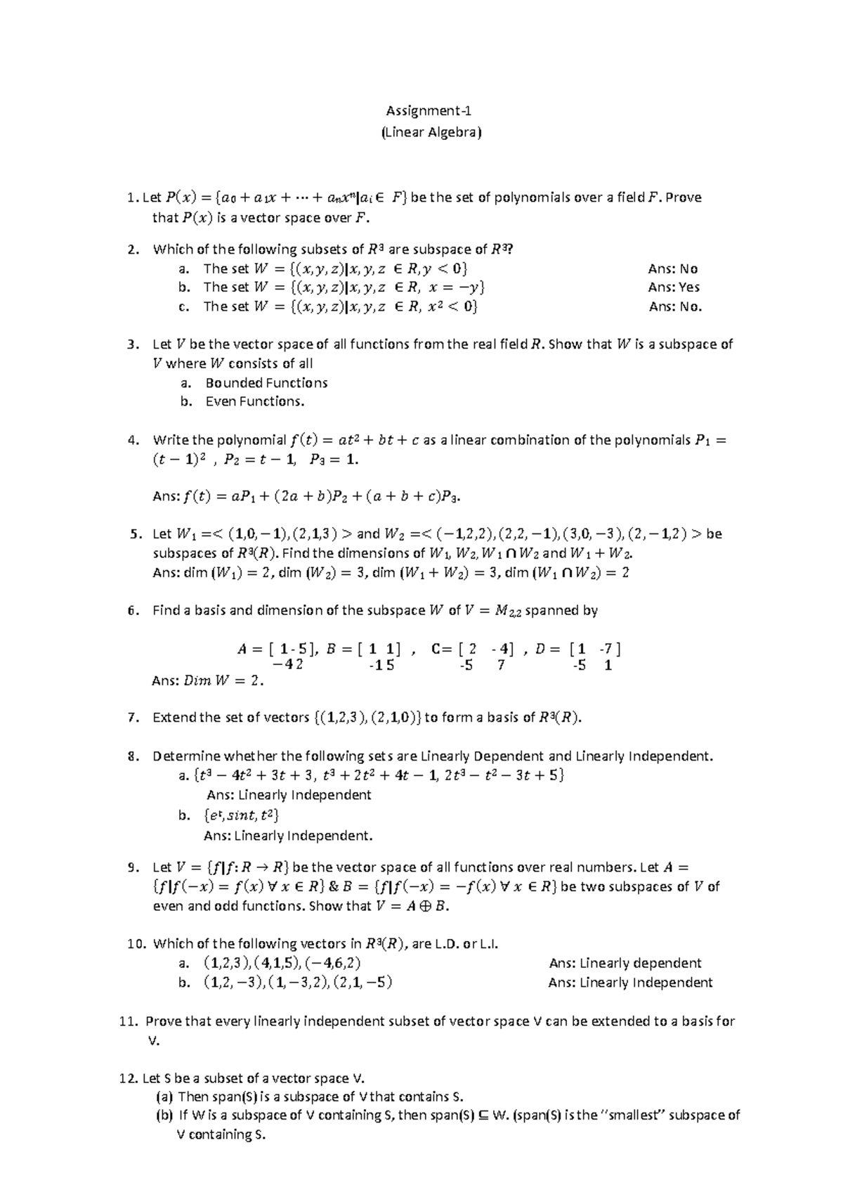 Assignment- Linear Algebra - Assignment- 1 (Linear Algebra) Let 𝑃 ( 𝑥 ...