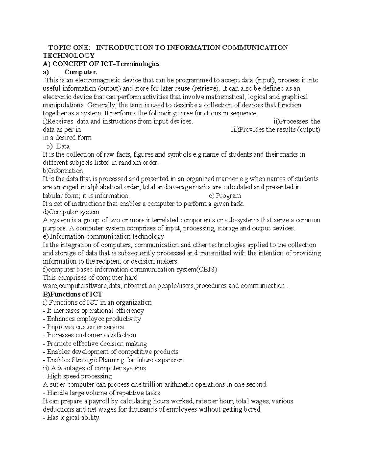 Ict notes share - TOPIC ONE: INTRODUCTION TO INFORMATION COMMUNICATION ...