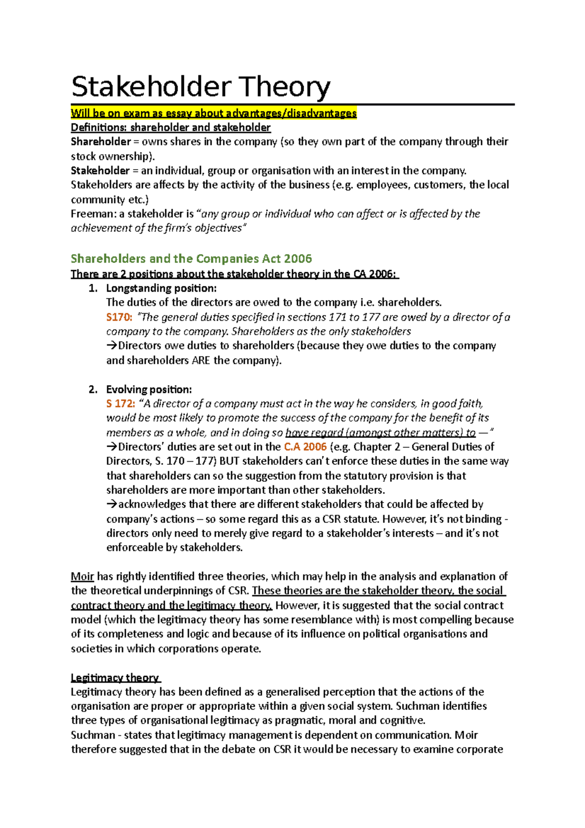 Stakeholder Theory Notes - Stakeholder Theory Will Be On Exam As Essay ...