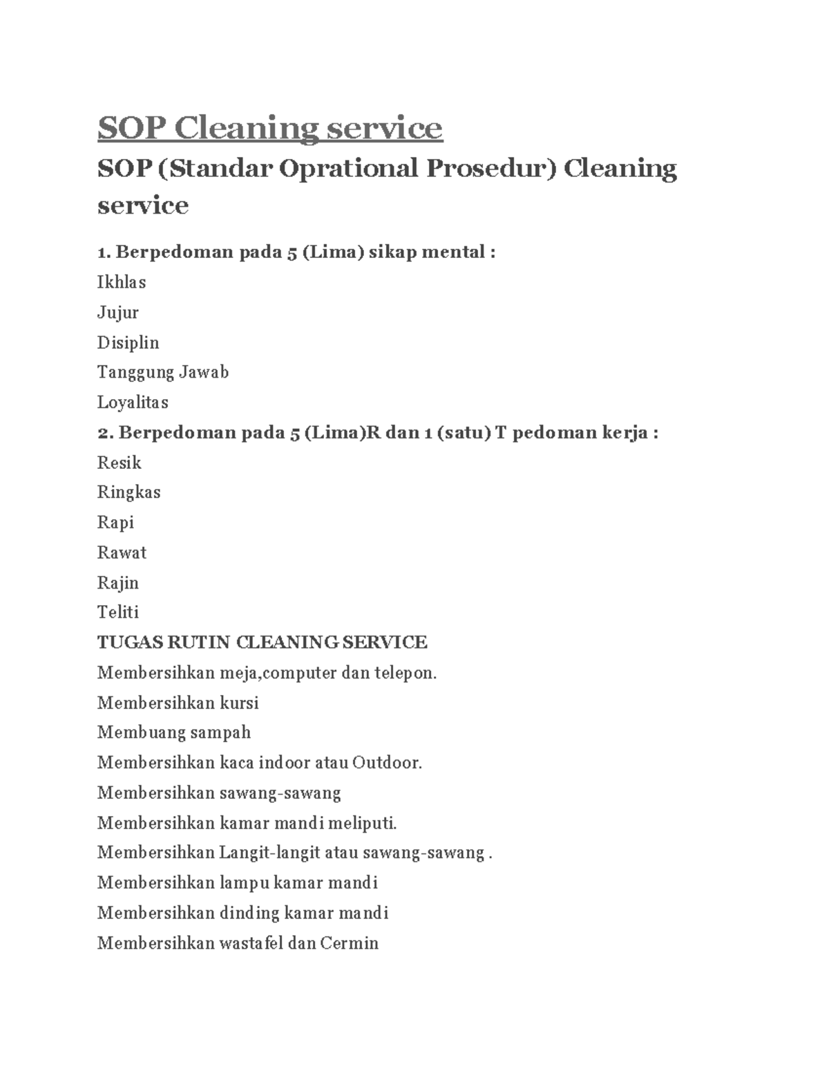 Kebersihan Standar knowledge how to manage the hospital SOP