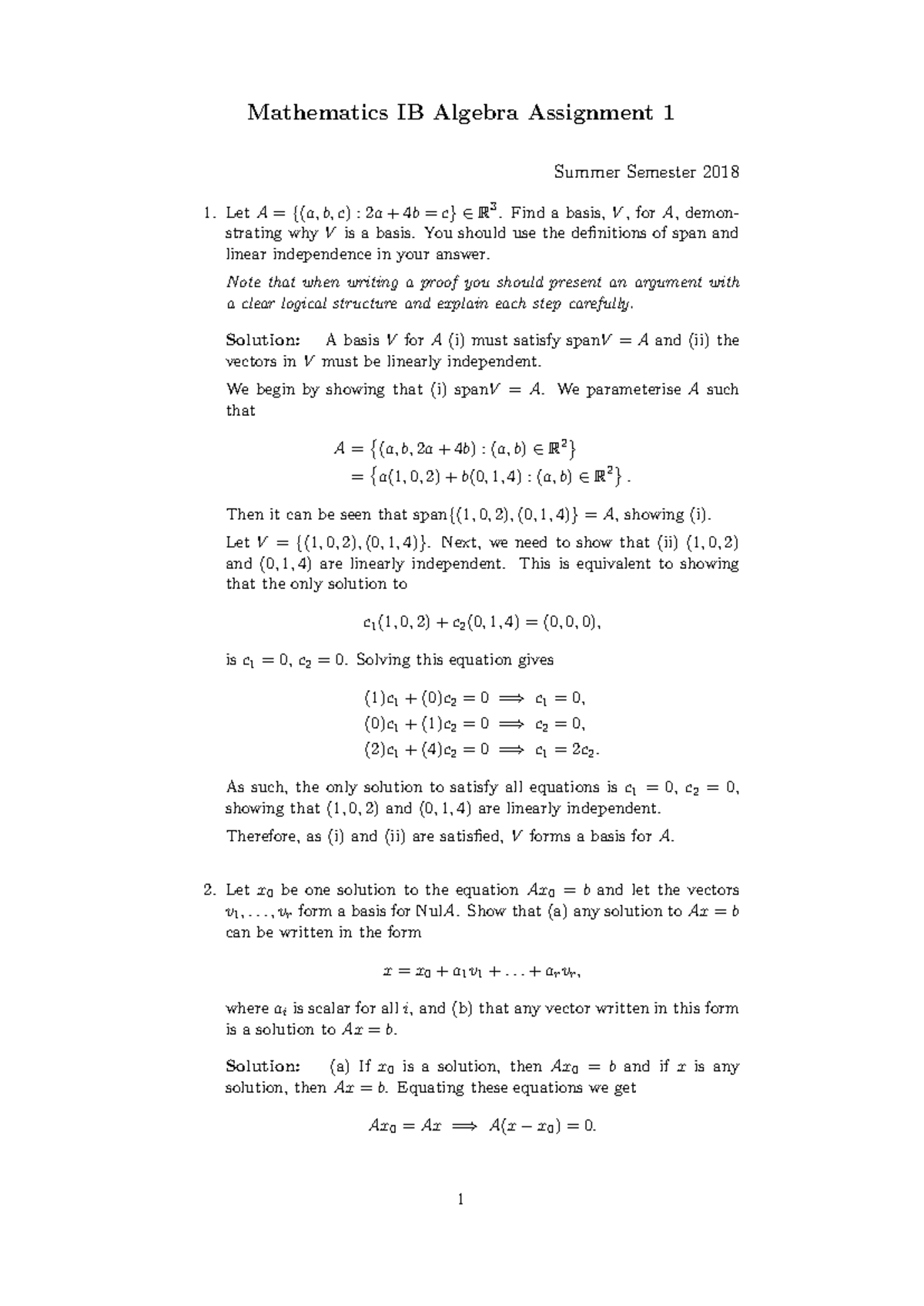 Algebra Assignment 1 hs - Mathematics IB Algebra Assignment 1 Summer ...