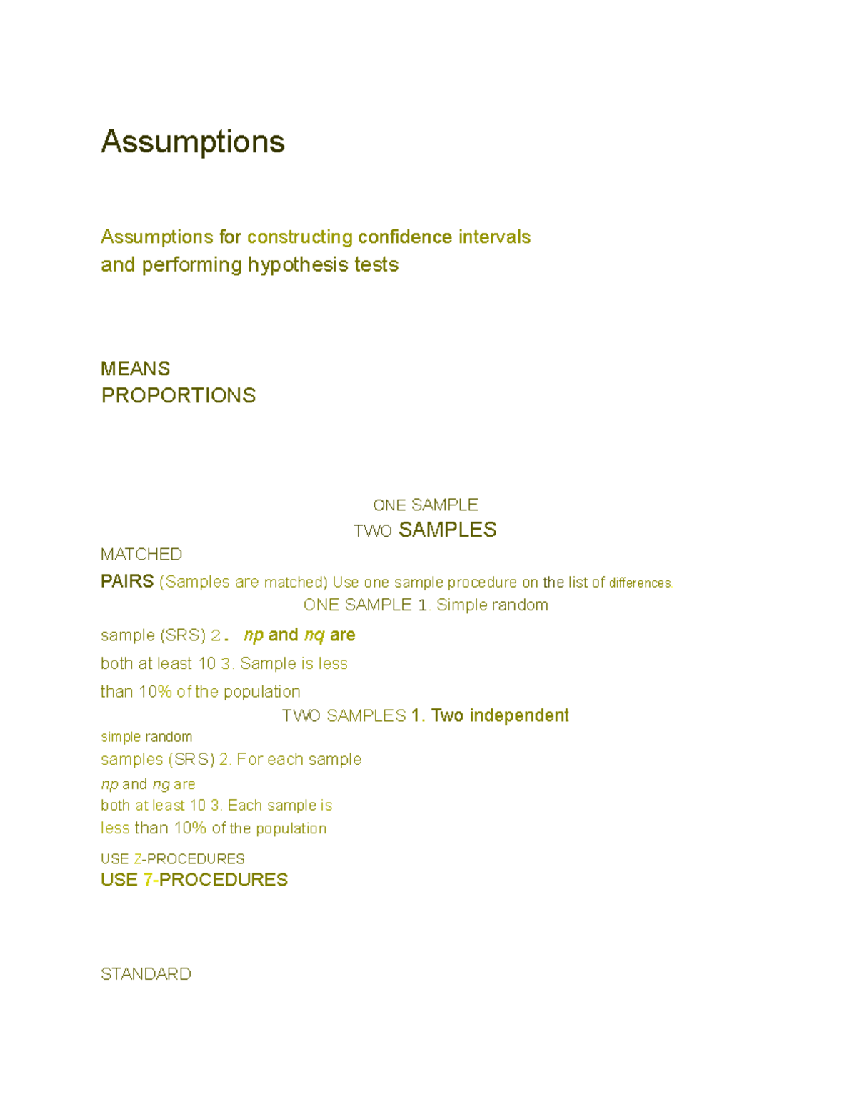 Statistics Exam Hint page - Assumptions Assumptions for constructing ...