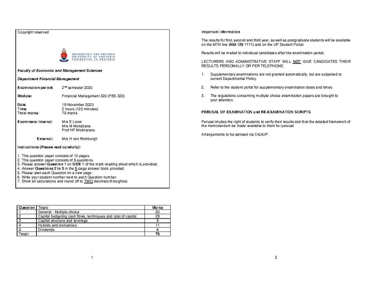 Exam 2020 - Exam practice - Copyright reserved Faculty of Economic and ...