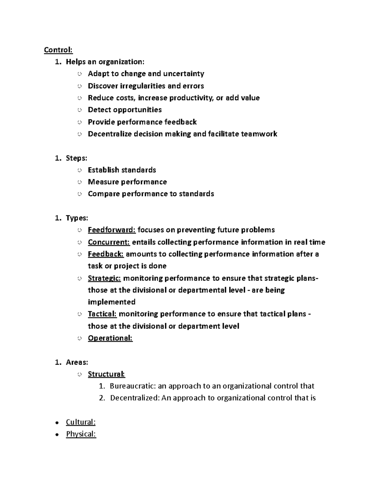 Organizational Management Notes Four - Control: 1. Helps an ...