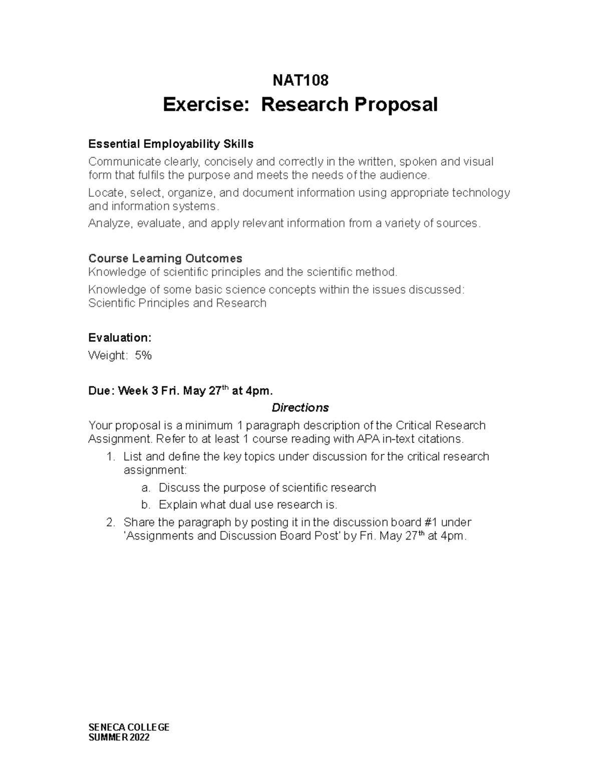 NAT 108 Assignment #1- Critical Research Assignment and Proposal - NAT ...