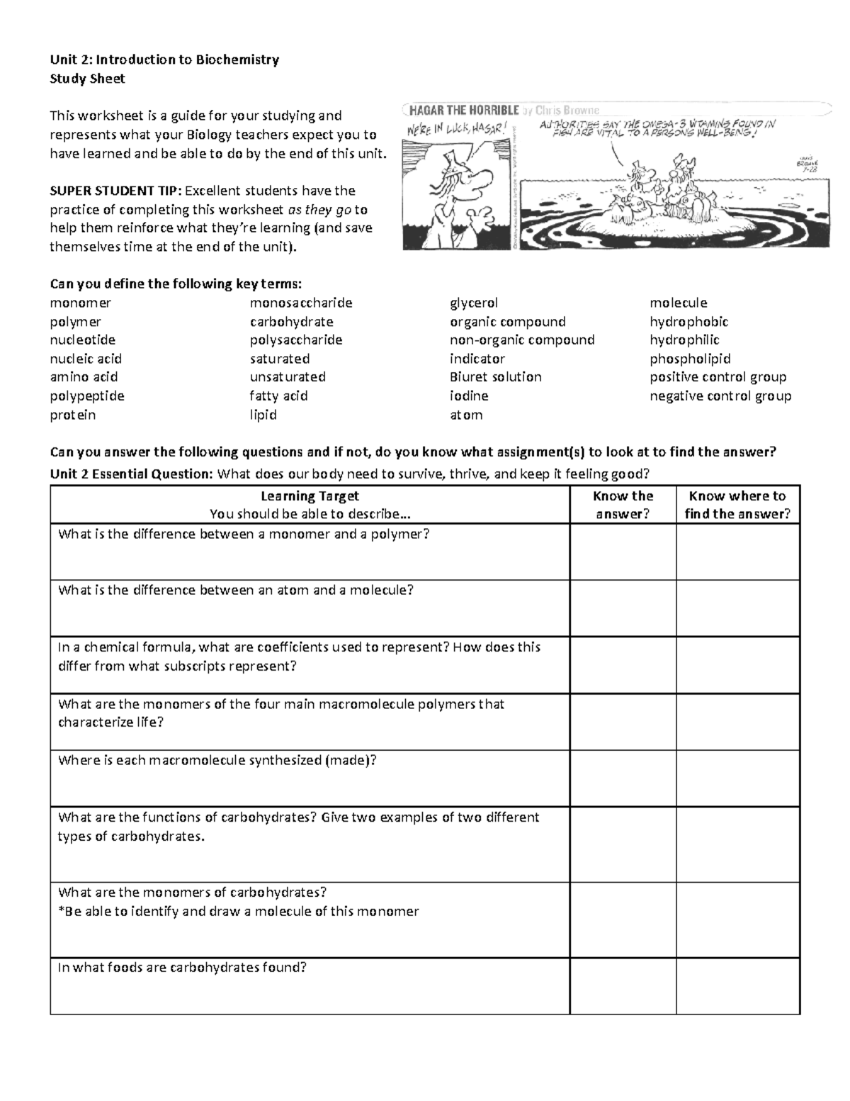 Biochemistry Worksheet Unit 2 Introduction To Biochemistry Study Sheet This Worksheet Is A 