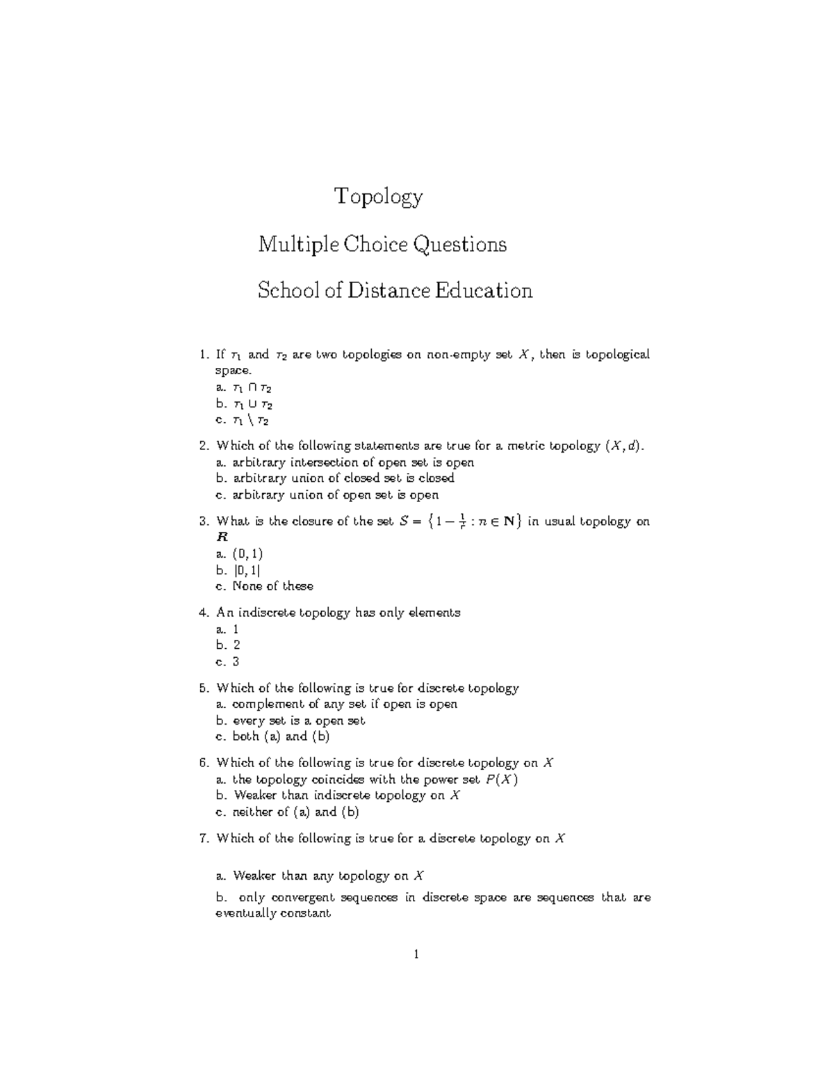 (New)Topology - Objective questions topology - If τ 1 and τ 2 are two ...