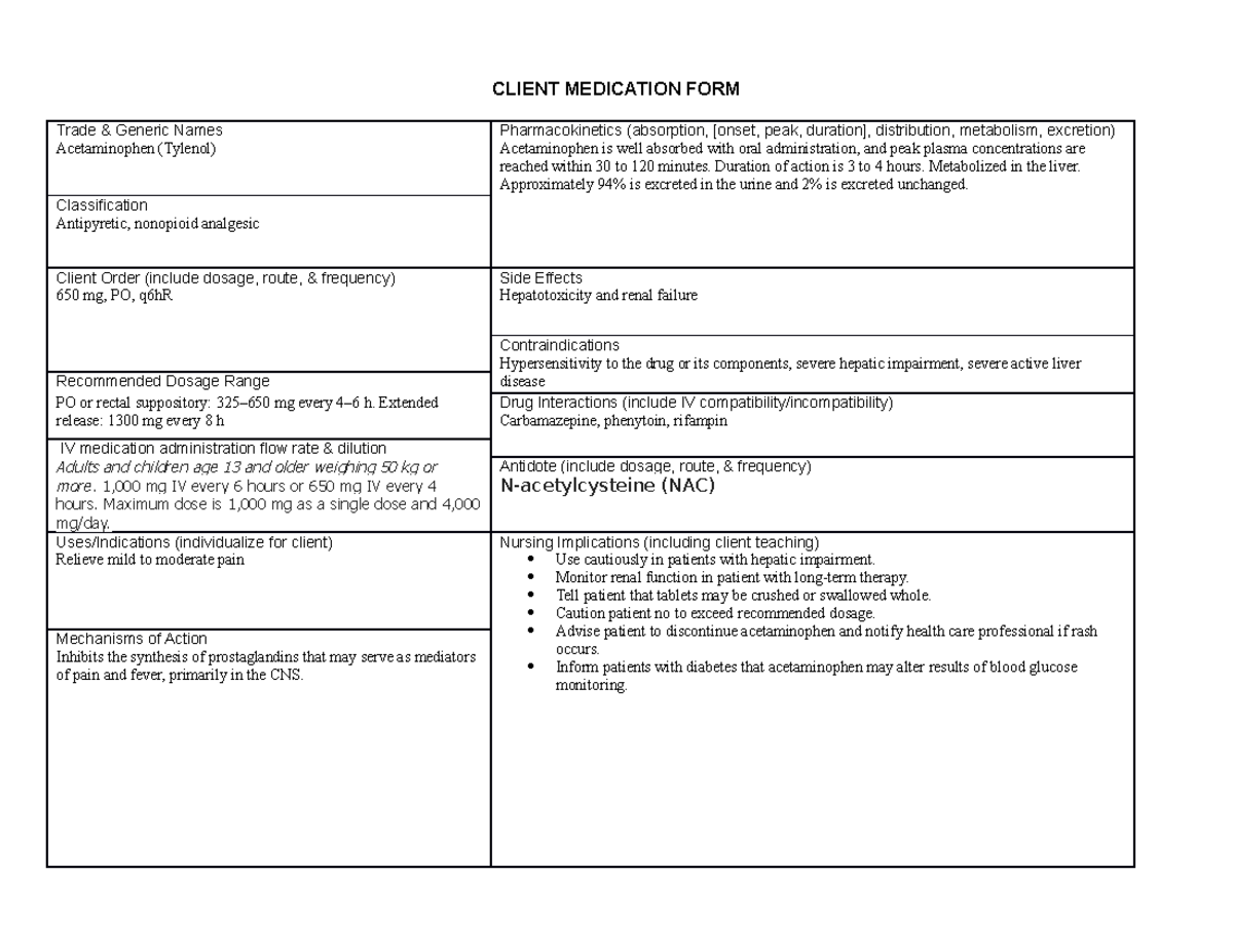 Acetaminophen (Tylenol) CLIENT MEDICATION FORM Trade & Generic Names Acetaminophen (Tylenol