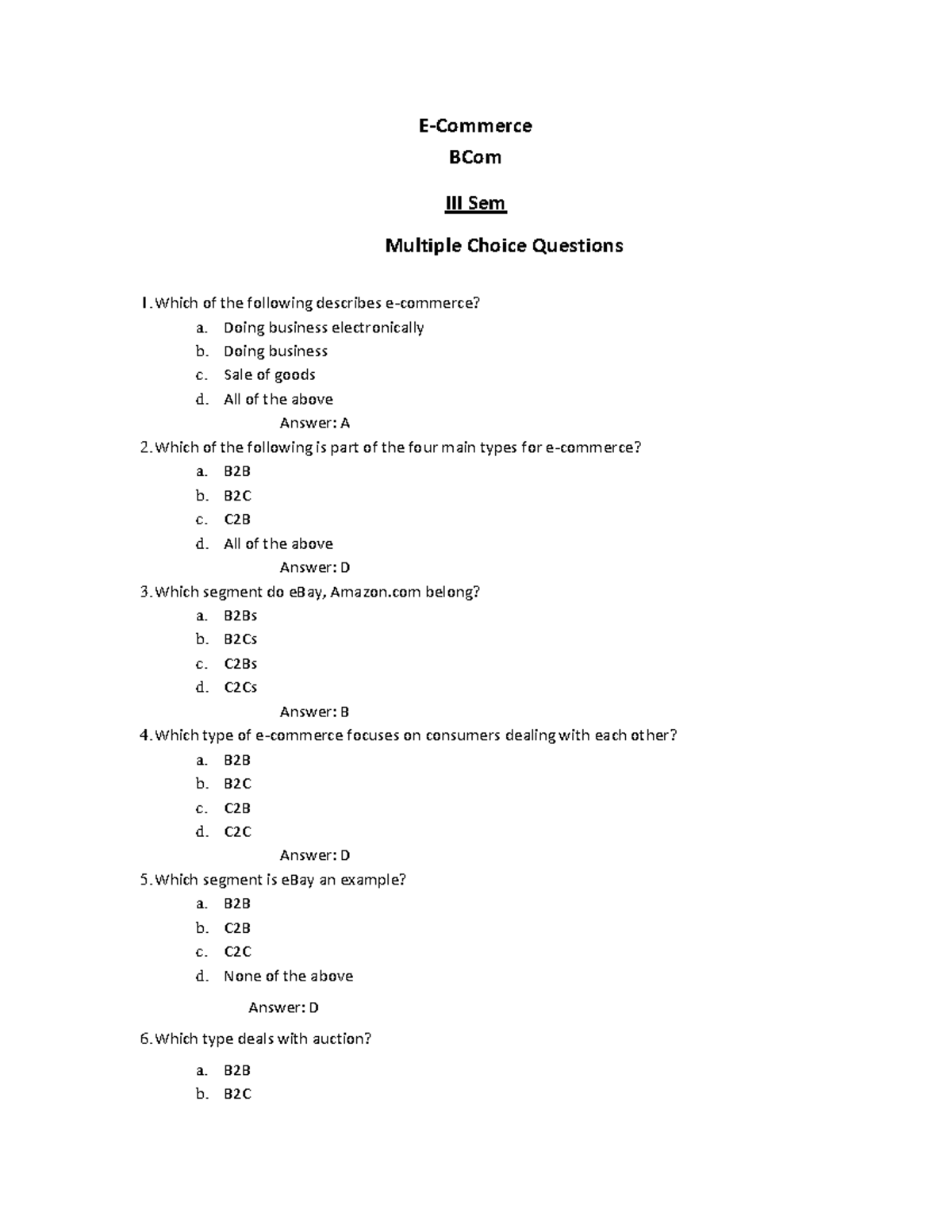 Commerce - E‐Commerce BCom III Sem Multiple Choice Questions Which of ...