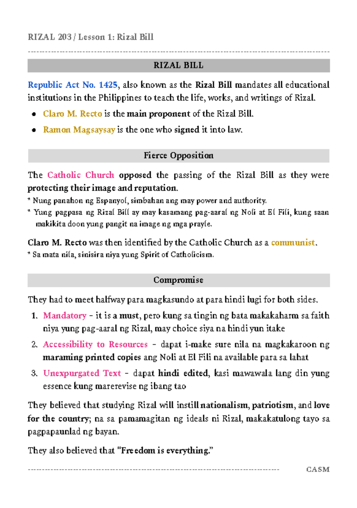 Rizal Notes - Lesson 1 - BSA - RIZAL 203 / Lesson 1: Rizal Bill RIZAL ...