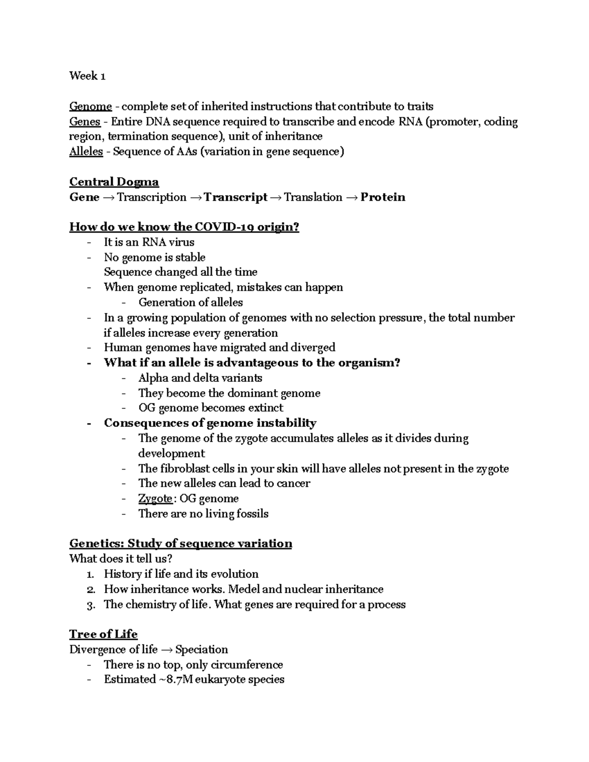 Week 1 notes Week 1 Genome complete set of inherited