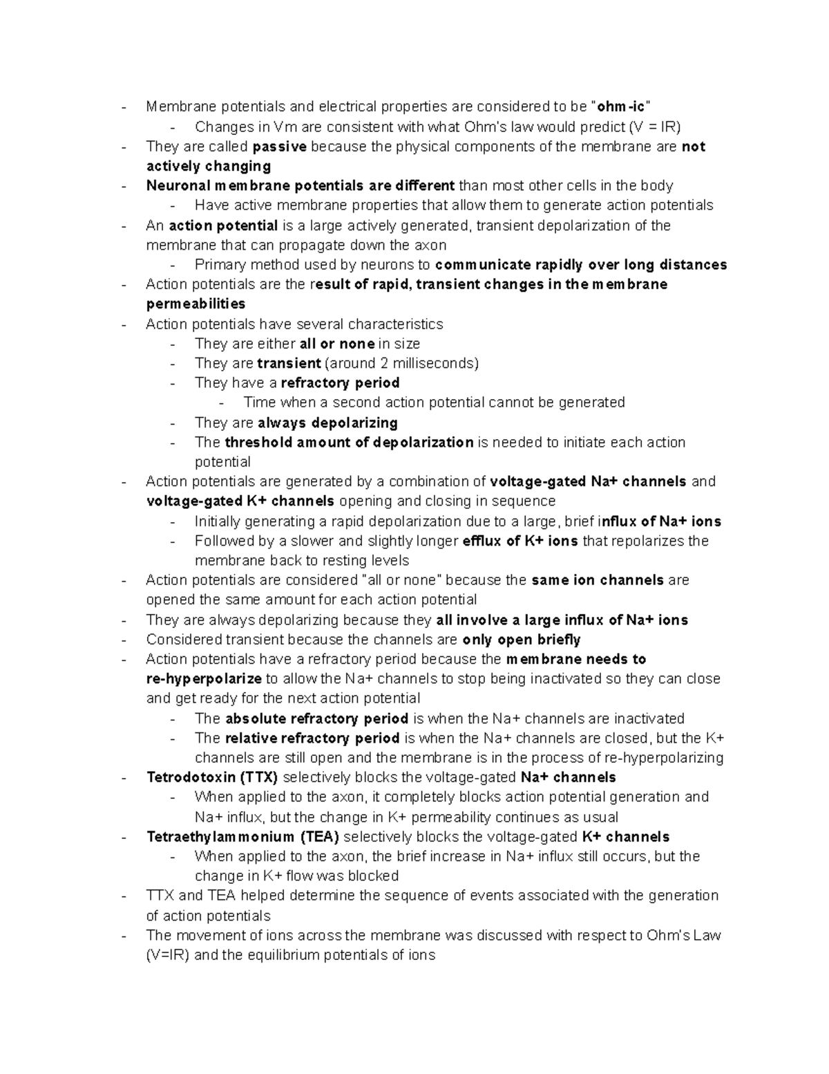 BCMB415 Action Potential Notes - Membrane potentials and electrical ...