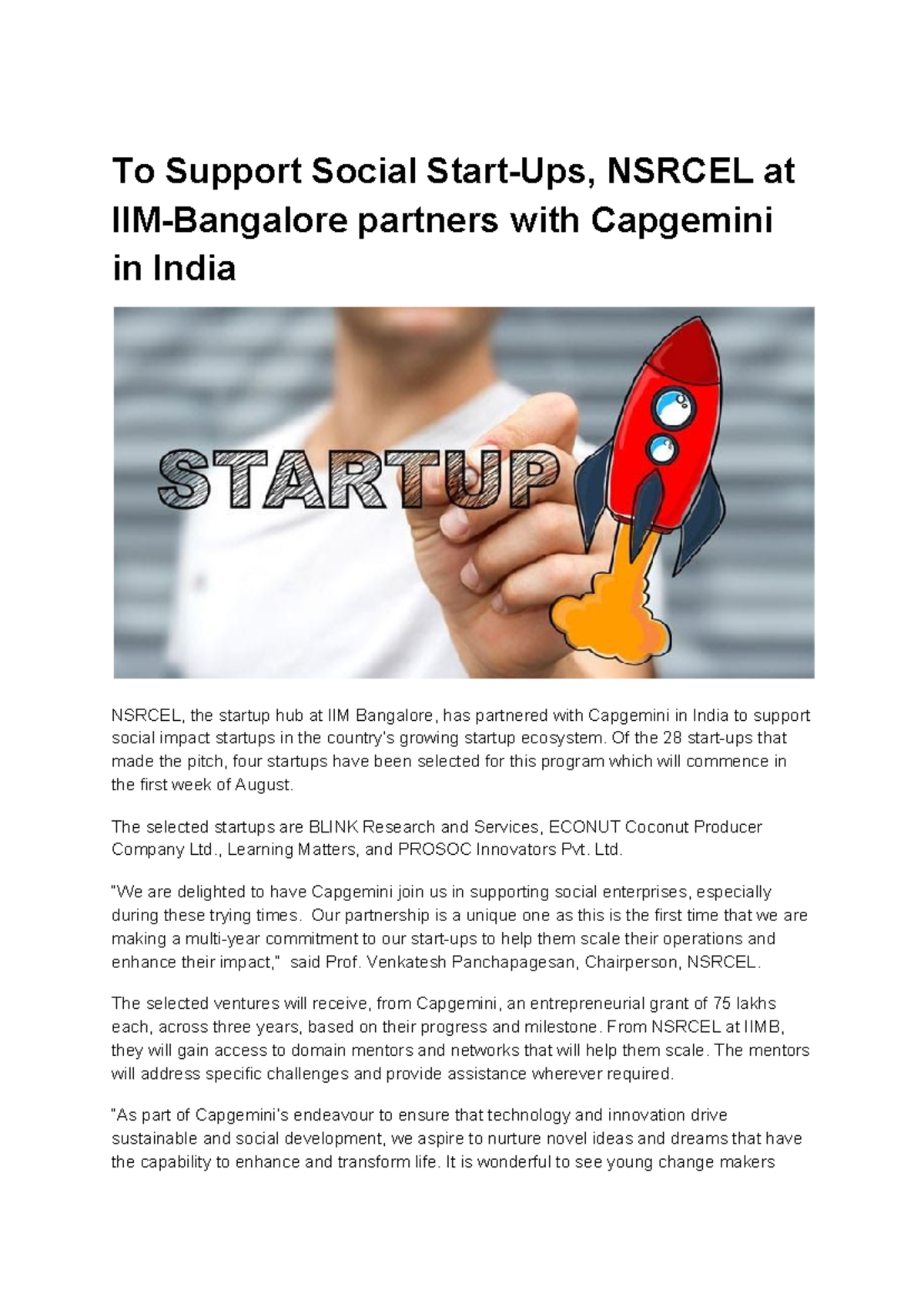 Social Start Ups Nsrcel IIM Bangalore Capgemini - To Support Social ...