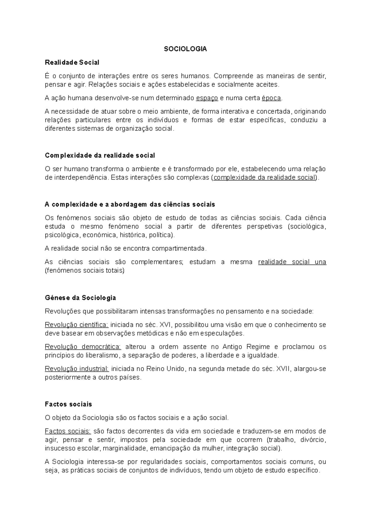 Sociologia - resumos-1 - SOCIOLOGIA Realidade Social É o conjunto de ...