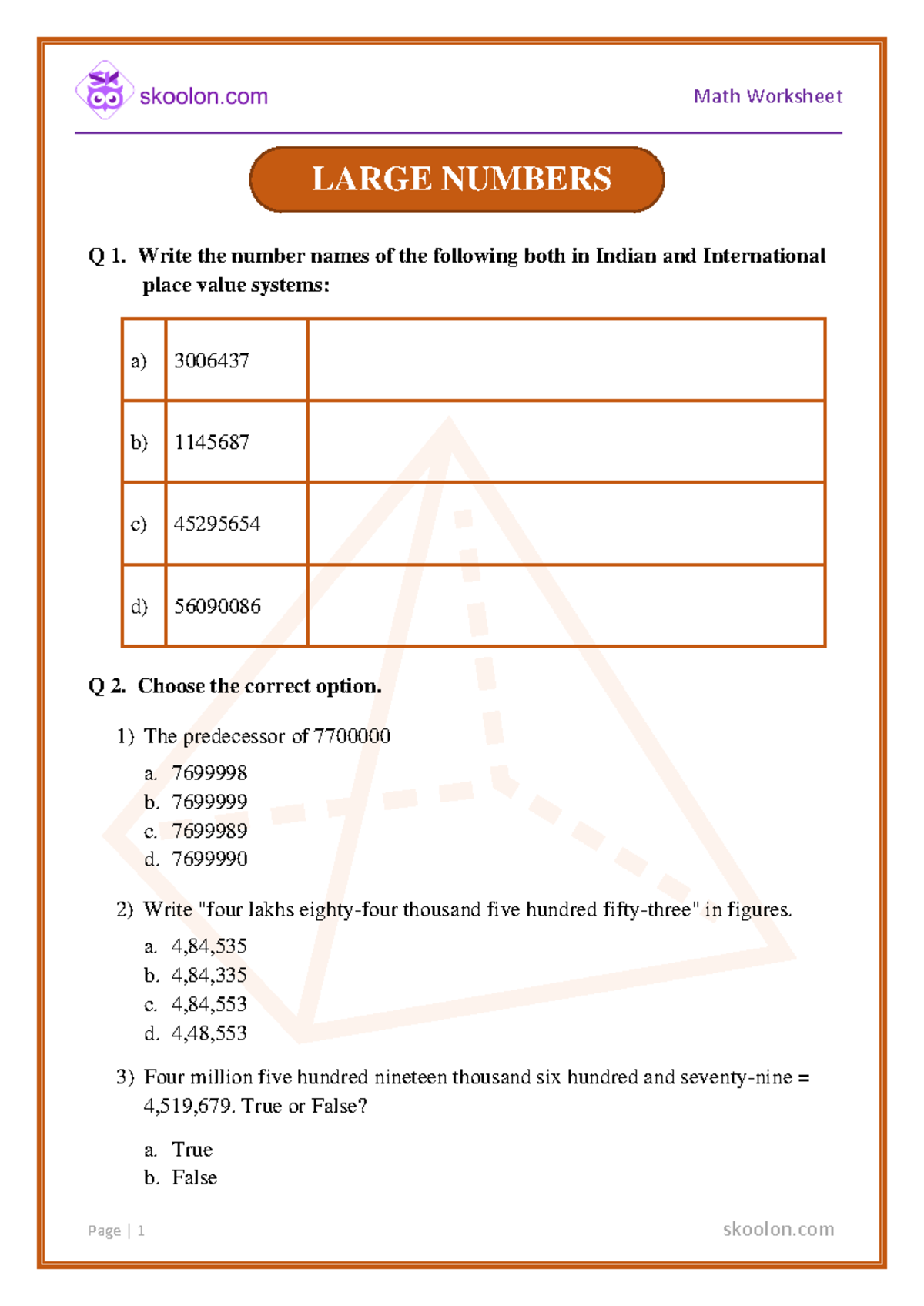 G4 Maths Large Numbers 313 - Page | 1 skoolon Math Worksheet LARGE ...