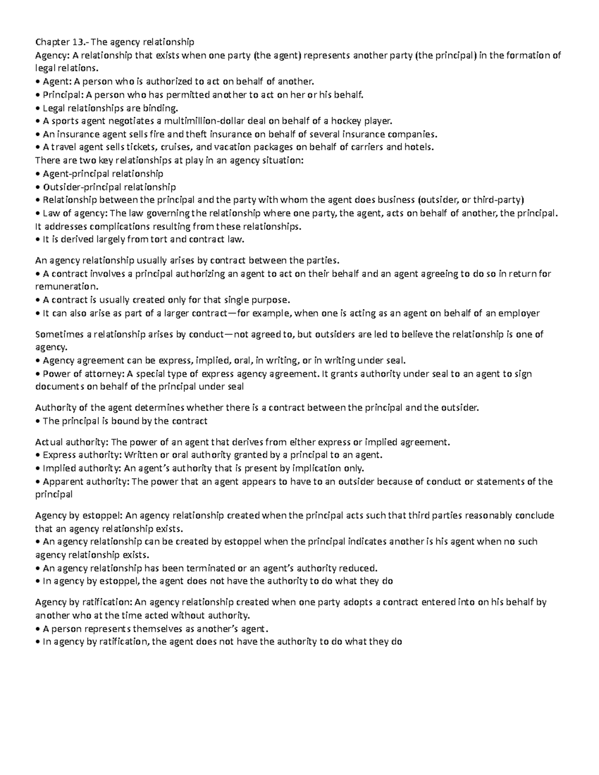 Ch Apter 13 - PP NOTES - Chapter 13.- The agency relationship Agency: A ...