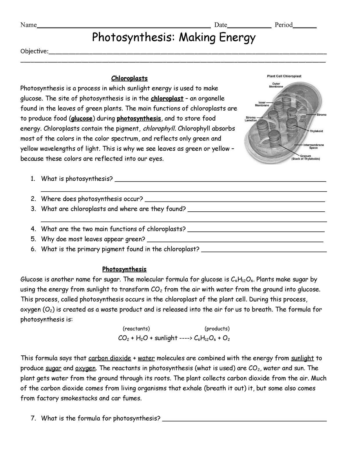 Biology Chapter 8 Photosynthesis and cellular Respiration Worksheets ...