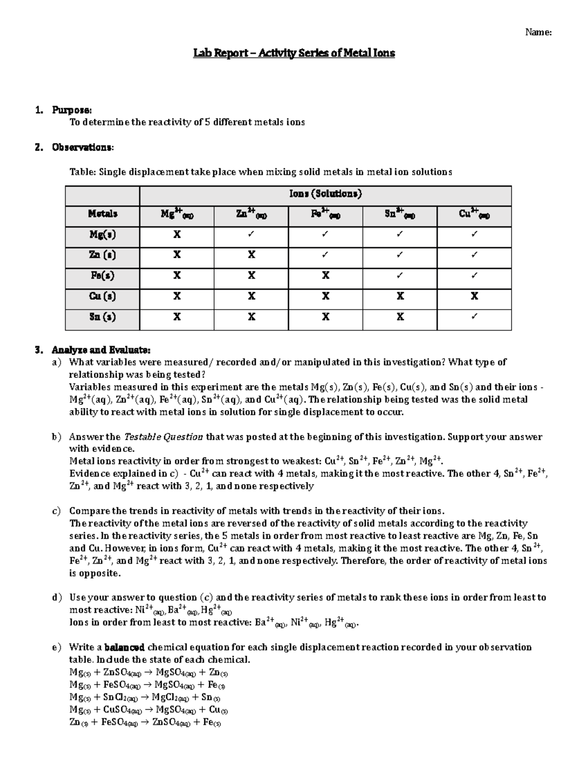 Lab Activity Series - Name: Lab Report – Activity Series of Metal Ions ...