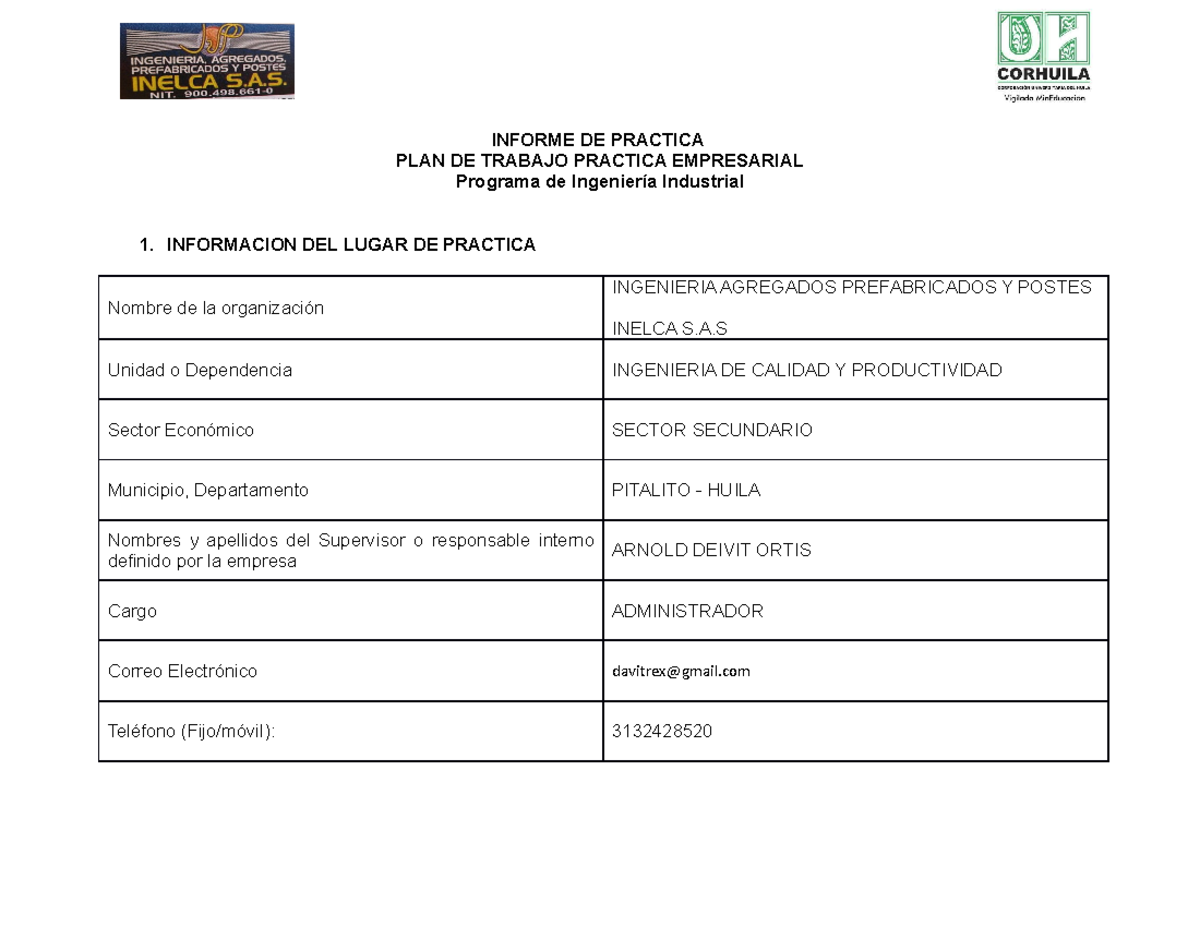 Informe De Practica Empresarial Administracion De Empresas