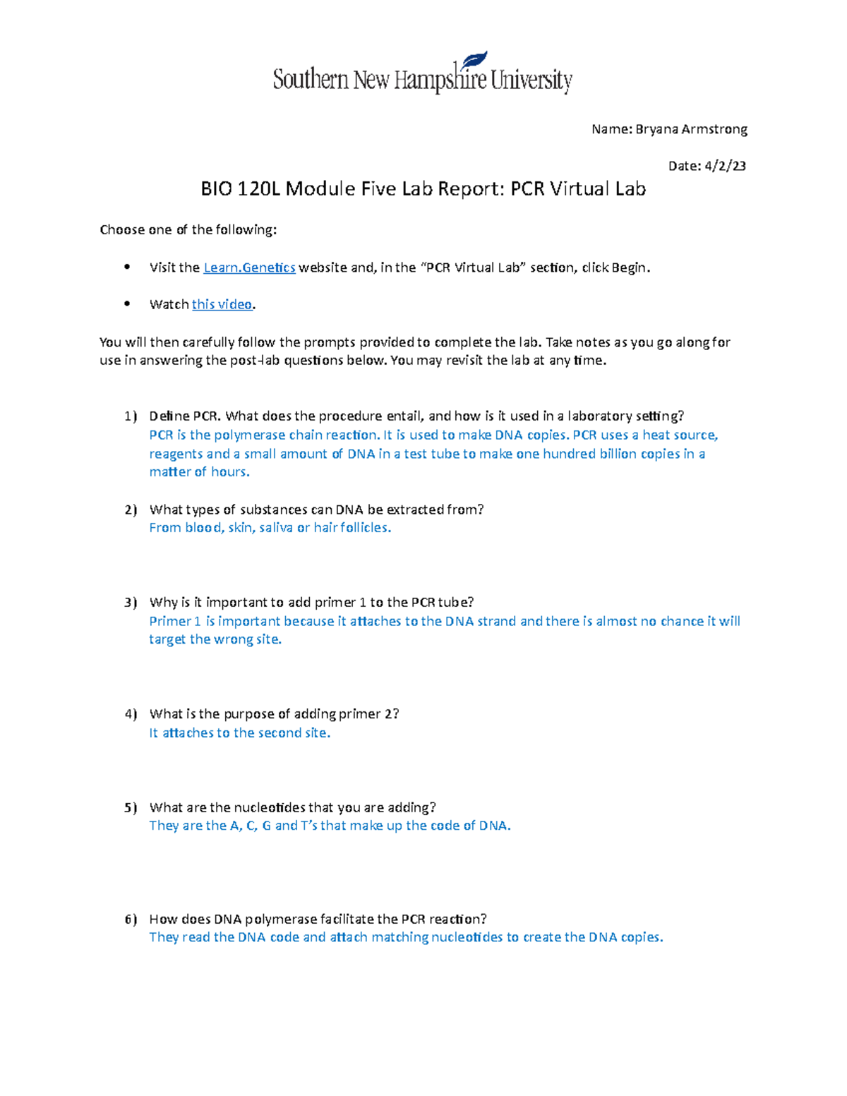 Armstrong PCR Biology 1 Lab PCR lab assignment Carolina biology lab