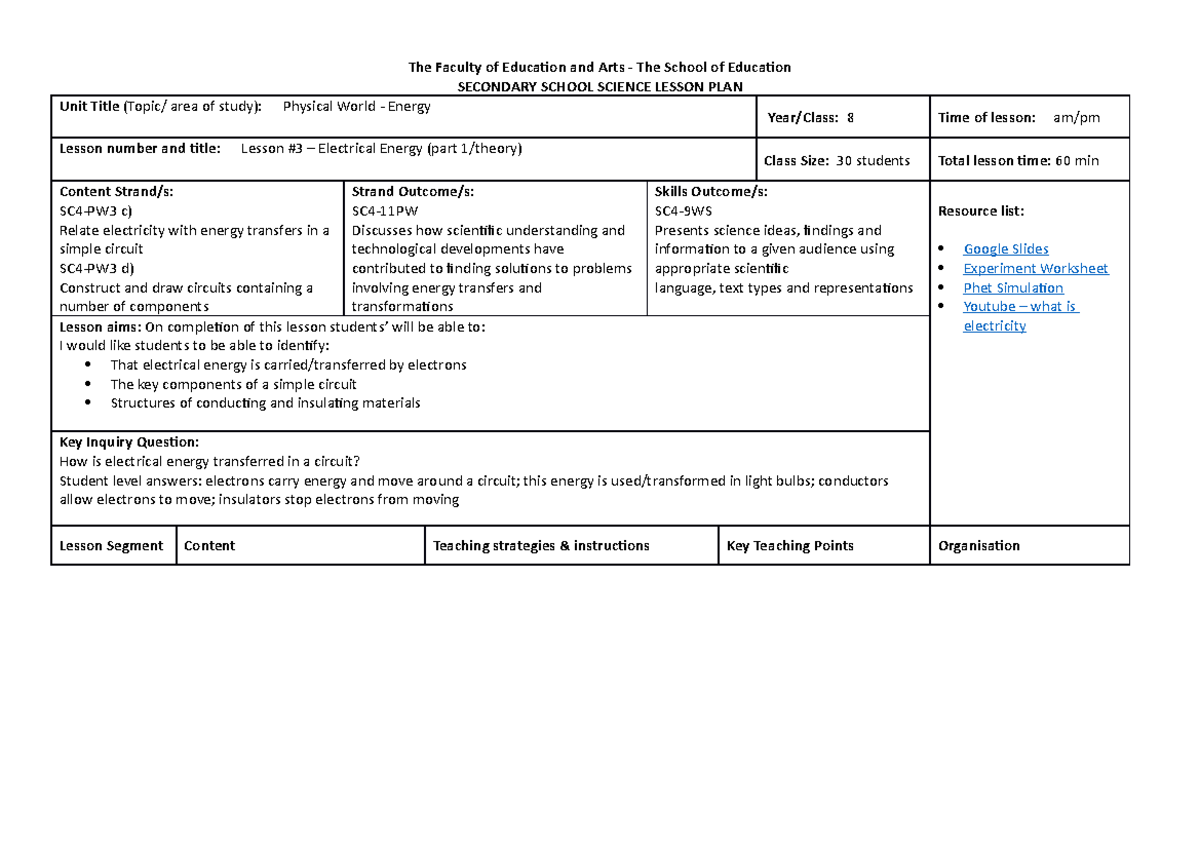 Science lesson planning proforma - electricity - The Faculty of ...