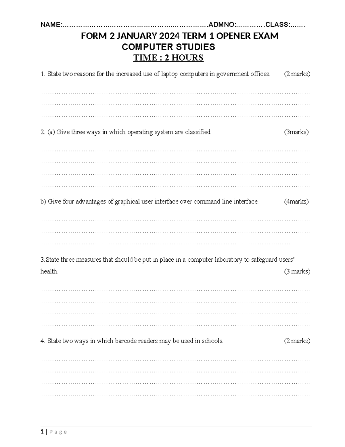 Computer Studies FORM 2 Opener QS - - Studocu