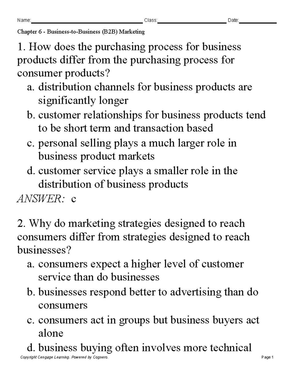 Chapter 6 (B2B) Marketing Quiz - Studocu