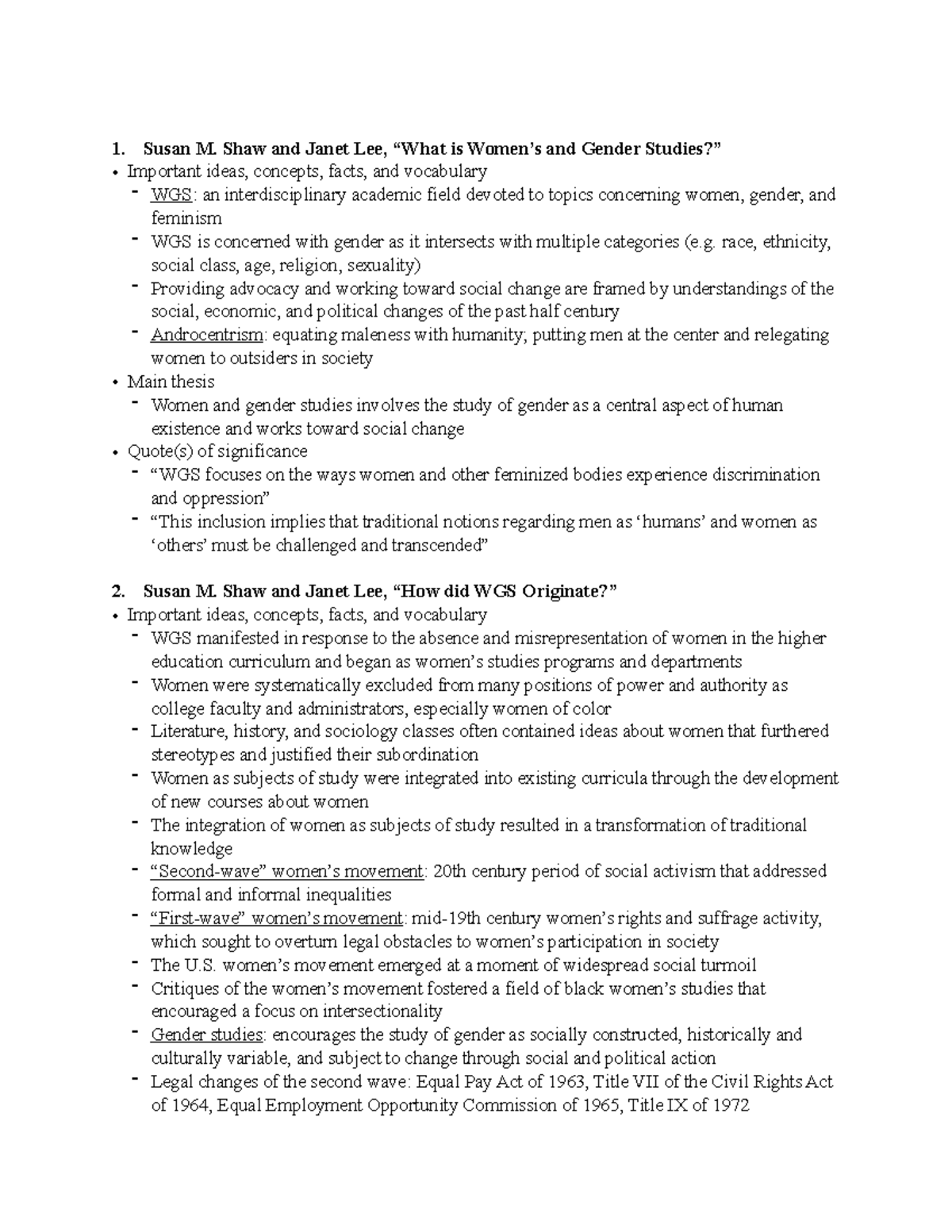 GESS week 1 Tuesday reading notes - Susan M. Shaw and Janet Lee, “What ...