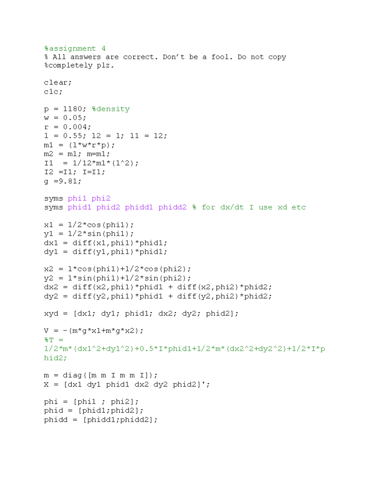 Assignment 4 only Matlab assignment 4 All answers are correct. Don