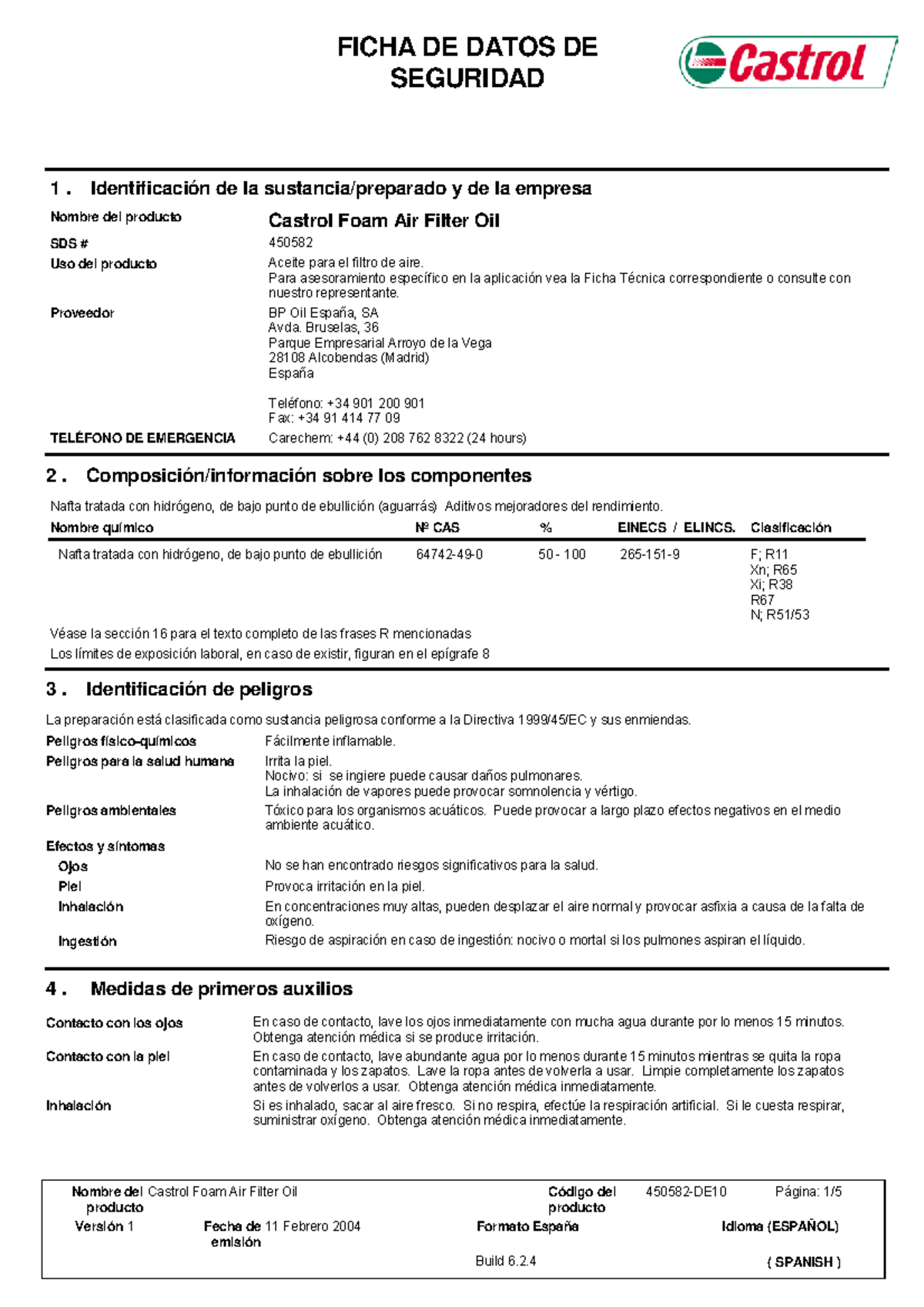 Castrol Foam Air Filter Oil FICHA DE DATOS DE SEGURIDAD 1
