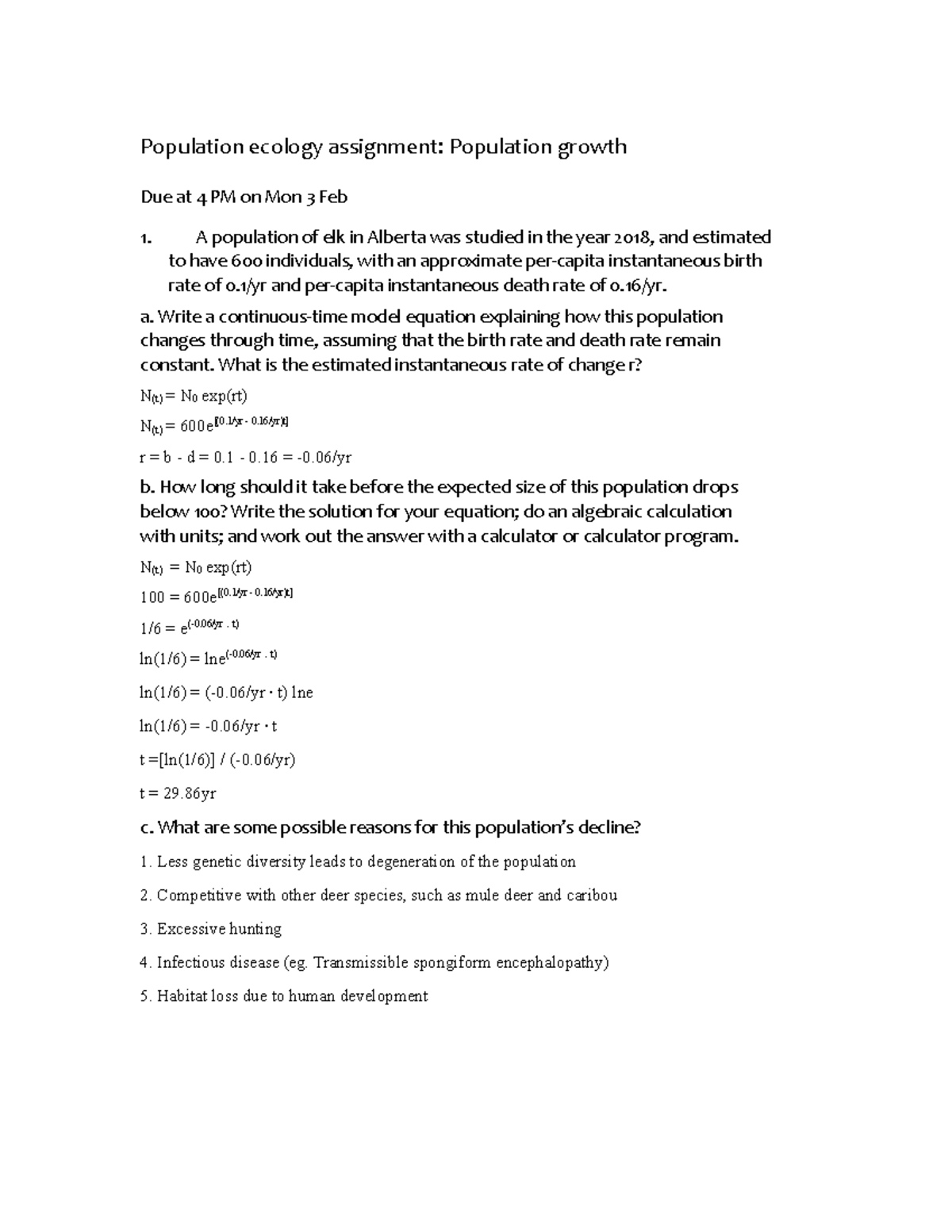 Population ecology assignment A population of elk in Alberta was