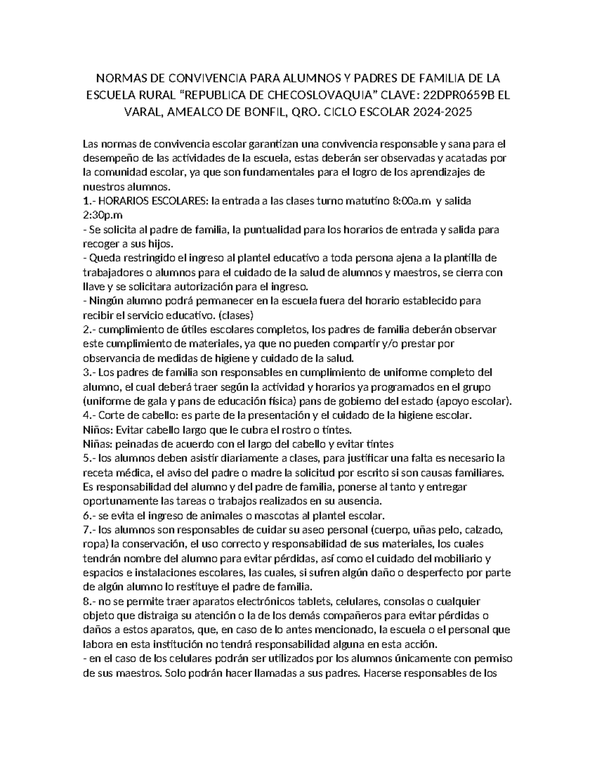 Normas DE Convivencia PARA Alumnos Y Padres DE Familia DE LA Escuela ...