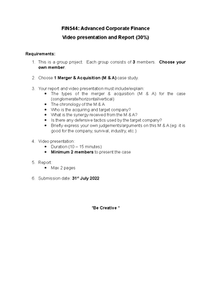 Individual Assignment - FIN 544: ADVANCED CORPORATE FINANCE INDIVIDUAL ...