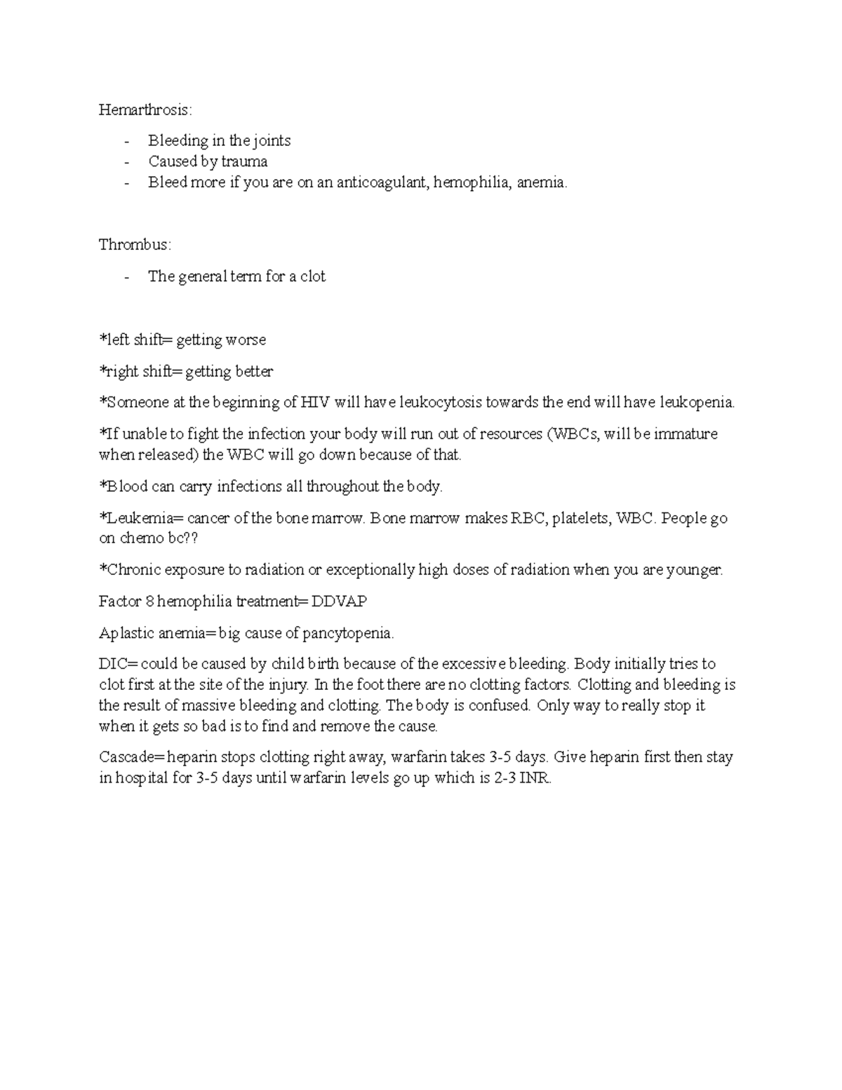 Patho week 1 class notes - Hemarthrosis: - Bleeding in the joints ...