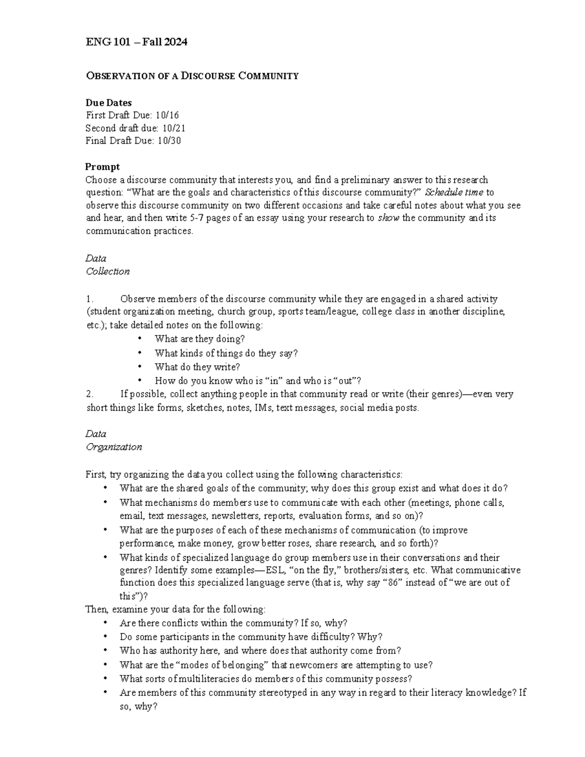 Discourse Community Prompt - ENG 101 – Fall 2024 OBSERVATION OF A ...