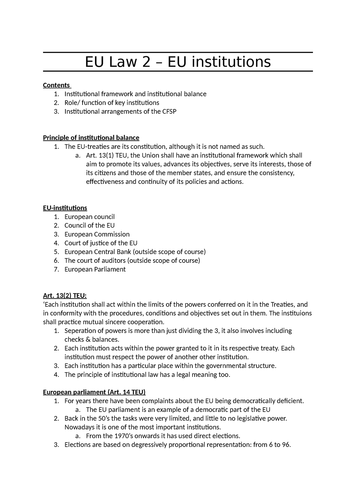 EU Law 2 - EU Law 2 – EU Institutions Contents 1. Institutional ...