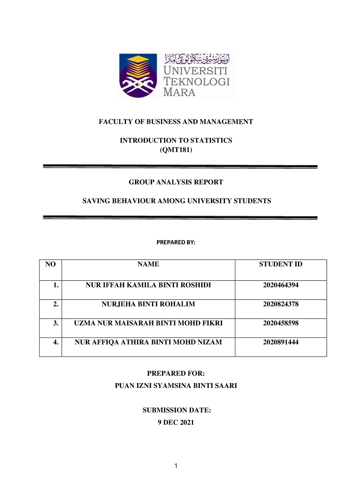 qmt181 assignment report