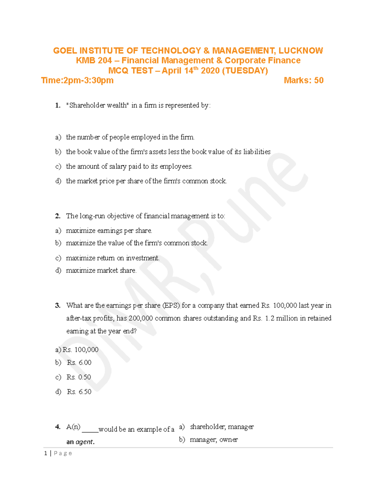 Mcq 204 Fm Cf 1 P A G E Goel Institute Of Technology Amp Management Lucknow Kmb 204 Studocu