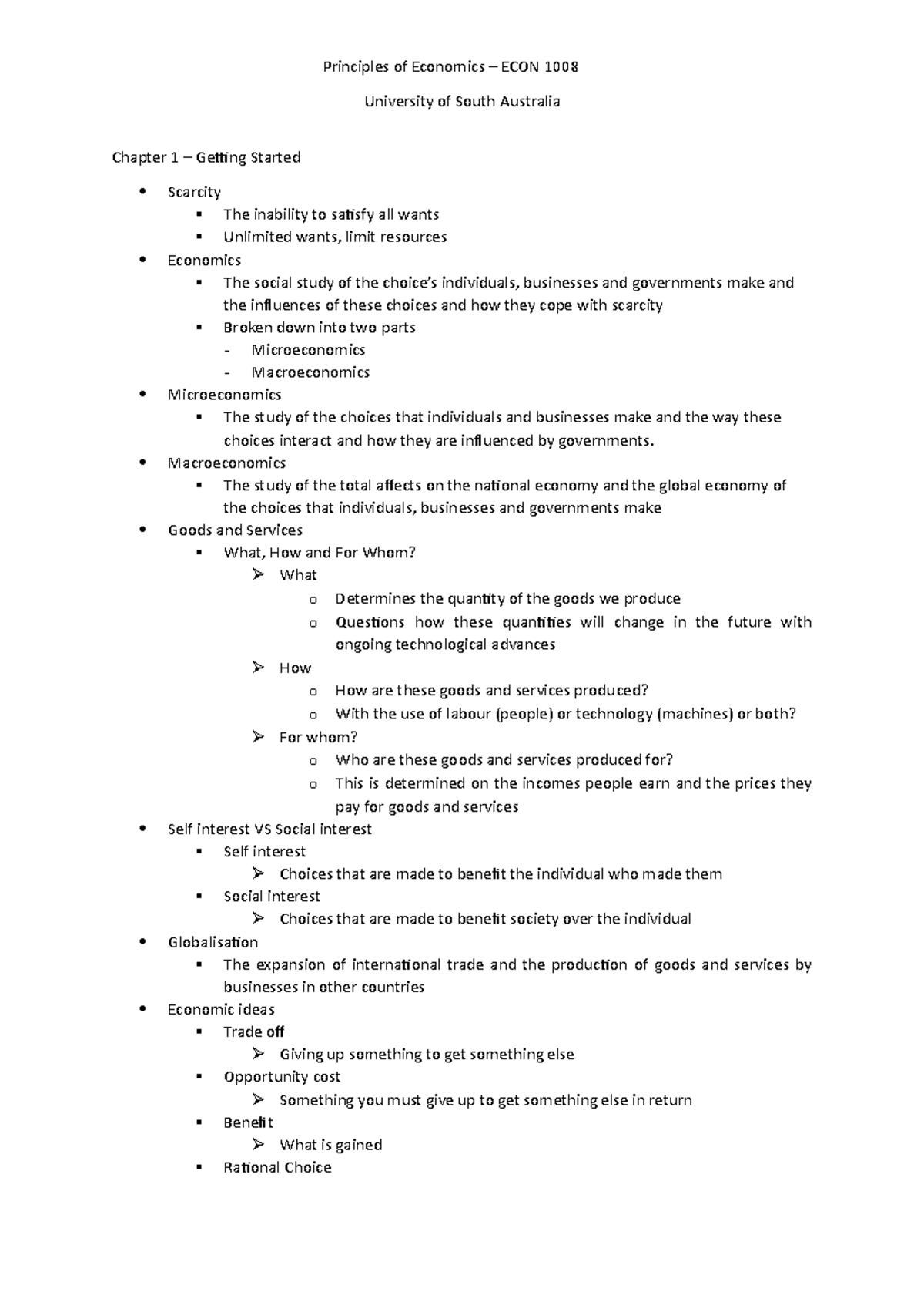 Chapter 1 Notes - Principles Of Economics ECON 1008 University Of South ...