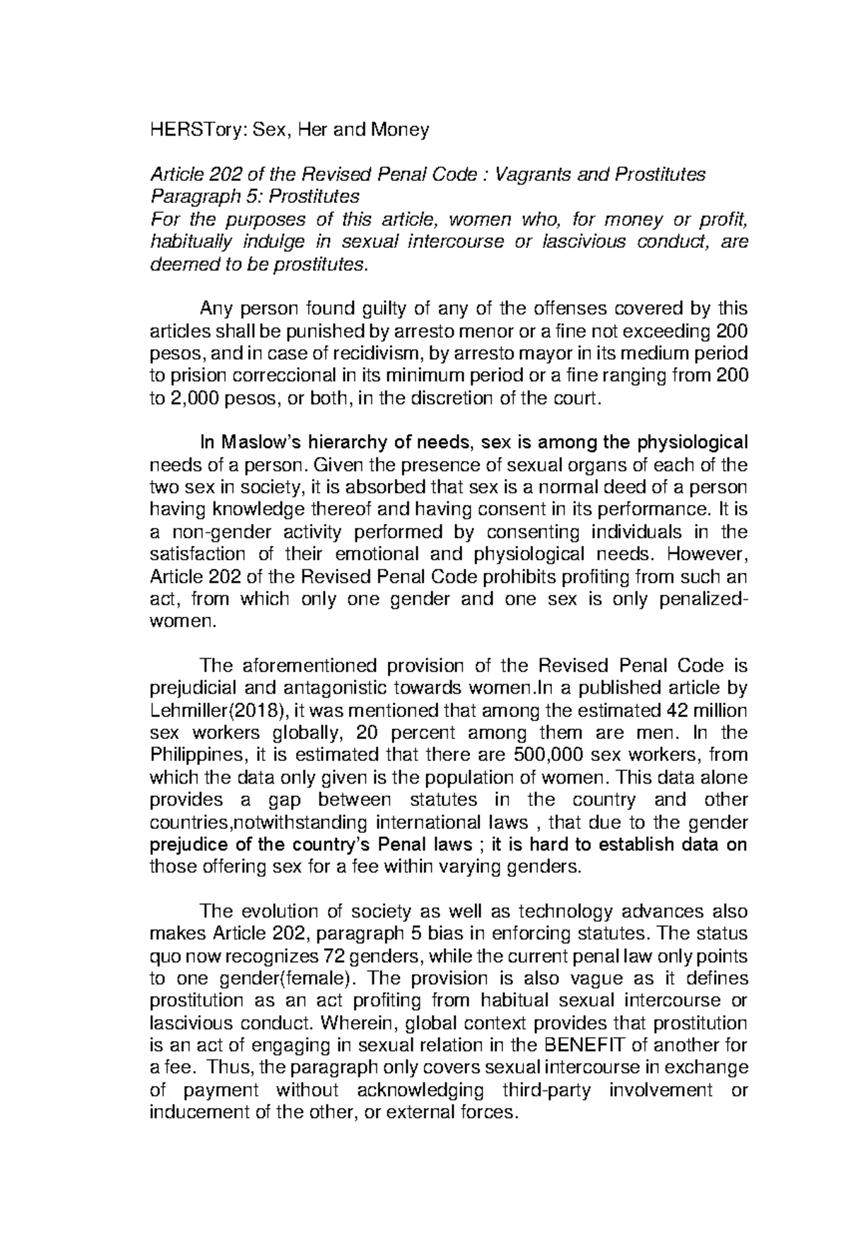 Reaction Paper on Penal Clauses - HERSTory: Sex, Her and Money Article ...