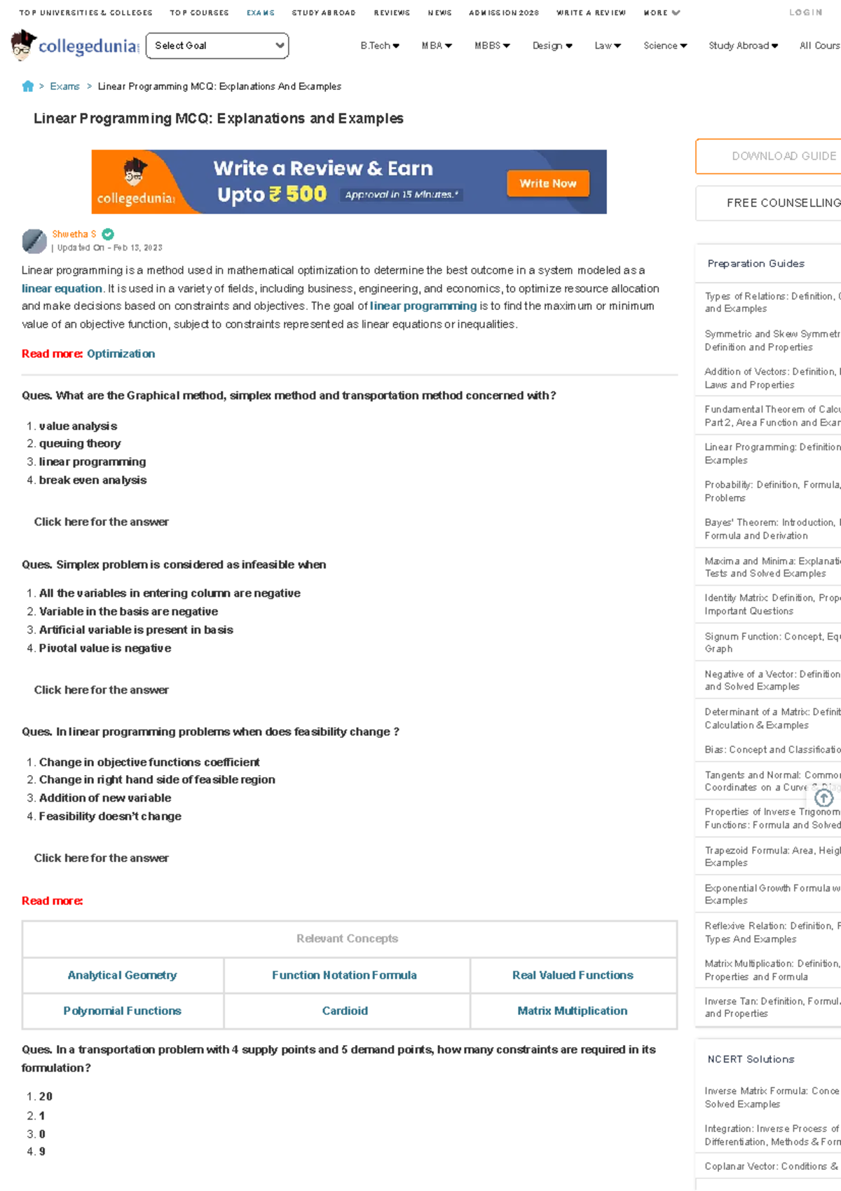 Linear Programming MCQ Explanations and Examples - It is used in a ... image.